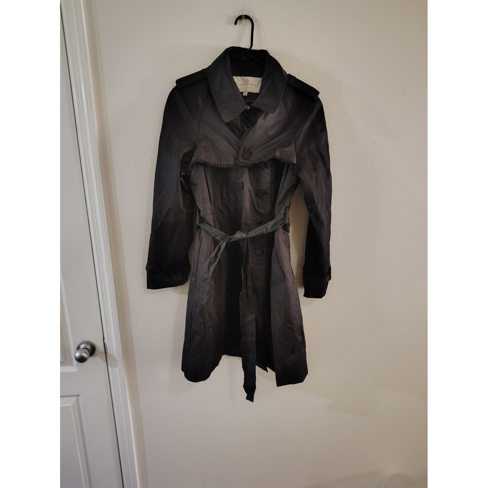 Jessica Simpson Grey Metallic Ruffle Trim Double Breasted Trench Coat XLG